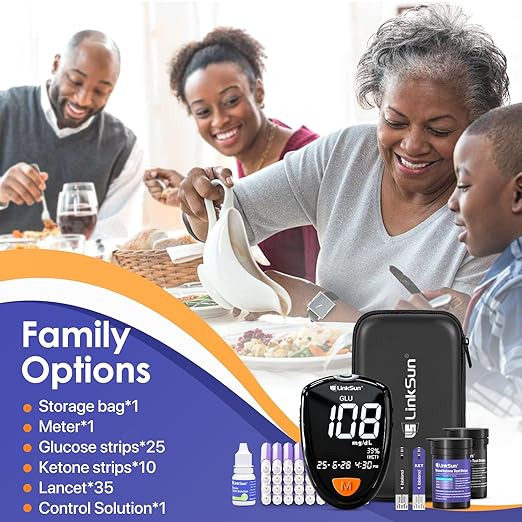 M26-K Blood Glucose & Ketone Testing Kit, 35 Safety Lancets, 25 Glucose Strips, 10 Ketone Strips, Travel Case, Glucose Control Solution, 2-IN-1 Glucose Ketone Meter, Home Use, No Coding, Large Display