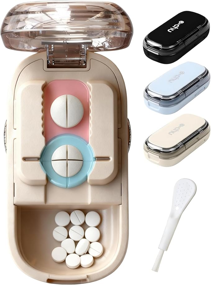 Adjustable Pill Cutter Splitter, Adjustable Pill Cutter for Multiple Pills,1/4 1/2 Tablet Splitter for Small or Large Pills Professional with Improved Sharp Blade, Brush & Tweezers (Beige)