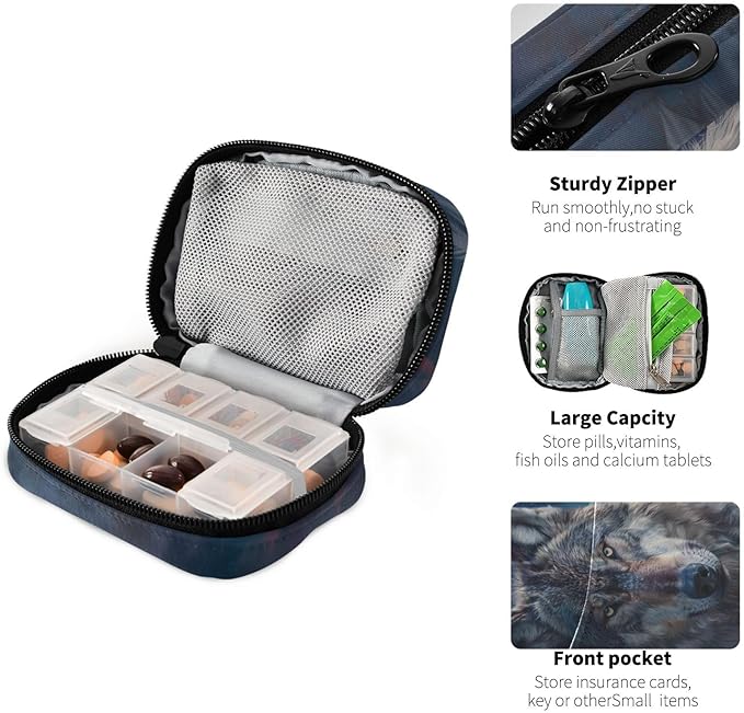 Wolf Weekly Pill Organizer Case Black Travel Portable Pill Bag for Medicine Vitamin Large Capacity Zipper Medicine Organizer