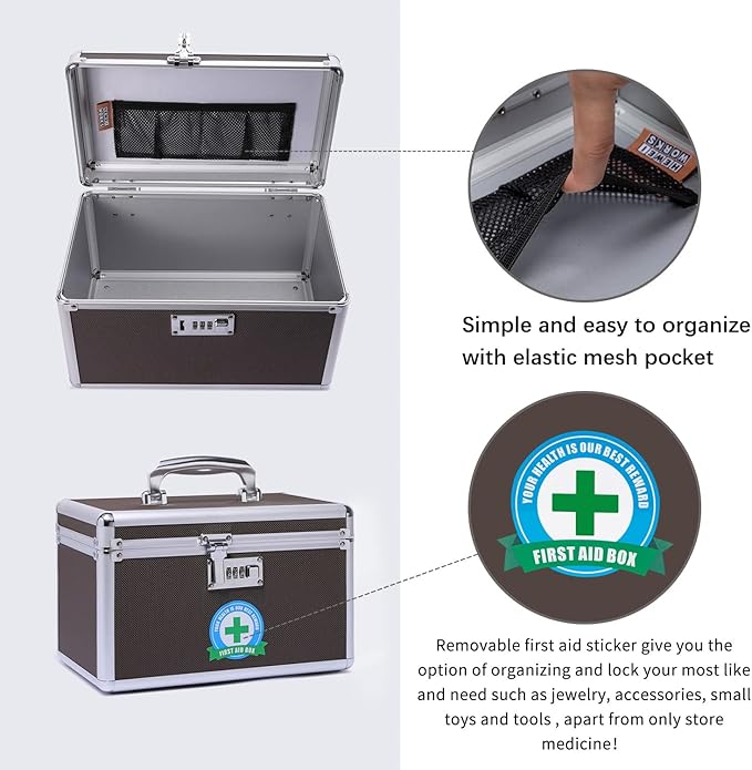 Lockable Medication Box with Portable Storage Case, Childproof Medicine Lock Organizer, Locked Empty First Aid Storage Case (Coffee/Medium)