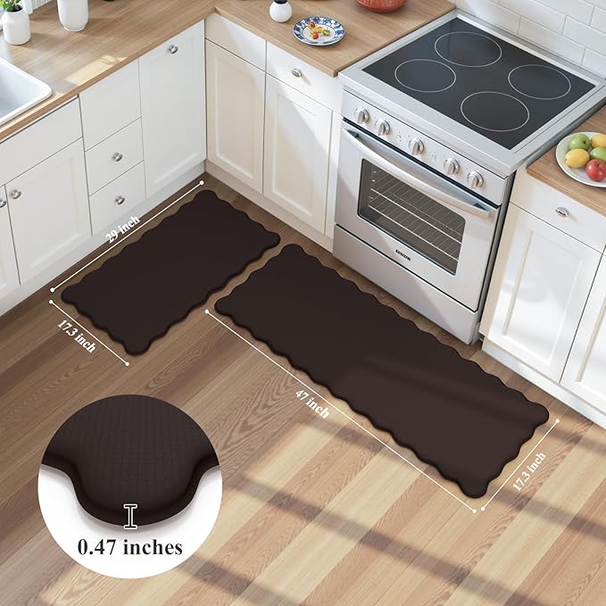 KIMODE Anti Fatigue Kitchen Mats for Kitchen Floor,Scalloped Kitchen Rugs Sets of 2 Non Slip,Cushioned Padded Memory Foam Kitchen Floor Mat Carpet for Office Laundry Sink,Brown