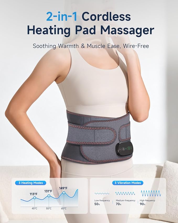 Cordless Lower Back Massager with Heat, Heating Pad for Back with Massager, Smart HD Touchscreen, 3 Heat & Vibration, 3H Runtime Portable Wireless Lumbar Belt, Gift for Women Men (Dark Gray)