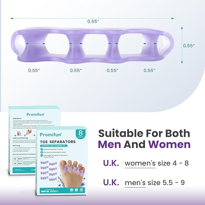 Toe Separators, 8 Pack Bunion Corrector for Women/Men, Soft Toe Spacers with Lavender Extract - Dividers to Correct Bunions, Hammertoes, Overlapping Toes (Lavender)