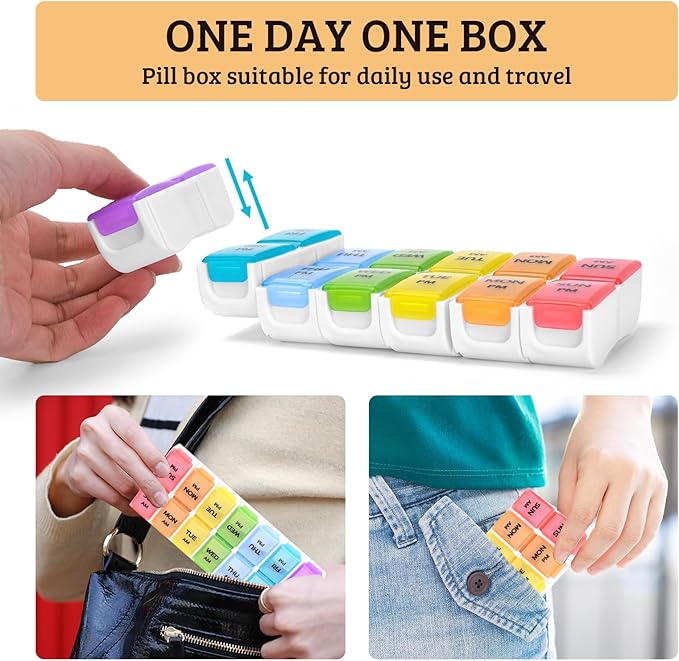 AM PM Weekly Pill Organizer 2 Times A Day, Daily Pill Box Case 7 Day Detachable Medicine Holder with Easy Filling & Retrieving, for Vitamin/Fish Oil/Supplements (Colorful)