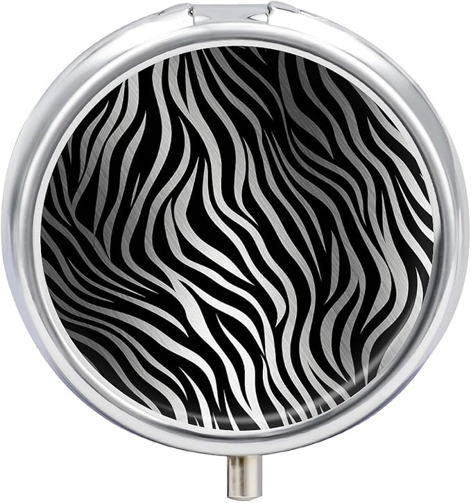 Zebra Print Pill Box Travel Pill Case for Purse Pocket Weekly Medicine Organizer with Mirror 3 Compartment Round Medicine Case Portable PillcaseHolder for Daily