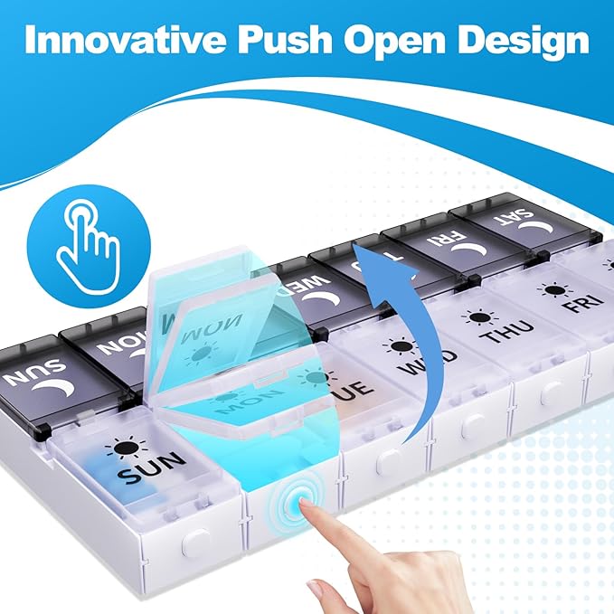 Push Button Weekly Pill Organizer 2 Times a Day, Medicine Pill Organizer with Label, Pill Box Case 7 Day AM PM, Pill Container for Vitamins, Fish Oil, Supplements Medication (Black & White)
