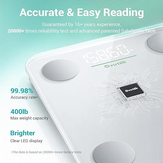 Ovutek Smart Scale for Body Weight, Digital Bathroom Scale BMI Weighing Body Fat Scale, Accurate Body Composition Scale Monitor for People's Health with Smartphone App, Compact Size, 400lb (White)