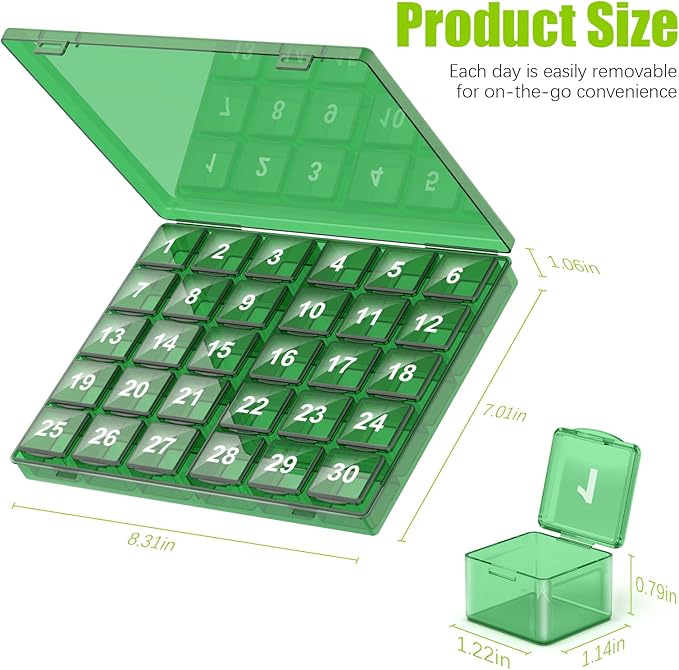 Monthly Pill Organizer Once a Day - 30 Day Pill Organizer Box - Easy to Open - Large Compartments Portable Case for Travel, Month Pill Cases Medicine Organizer for Vitamin (Bronze - Dark Green)