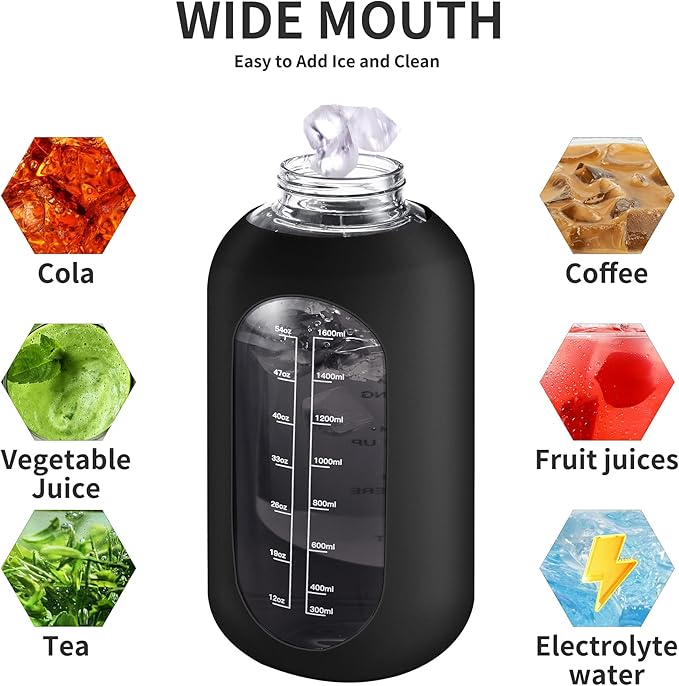 CIVAGO 64 oz Glass Water Bottle Jug with Straw and Handle, Half Gallon Sports Motivational Water Bottle with Time Marker, Wide Mouth Water Flask Canteen with Silicone Sleeve for Gym, Lilac