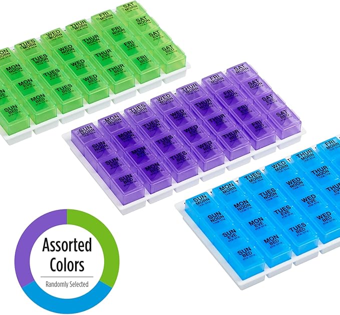 EZY DOSE Weekly (7-Day) Pill Case, Medicine Planner, Vitamin Organizer, Large Pop-Out Compartments, 4 Times a Day, Convenient and Easy to Use, Color May Vary, BPA Free