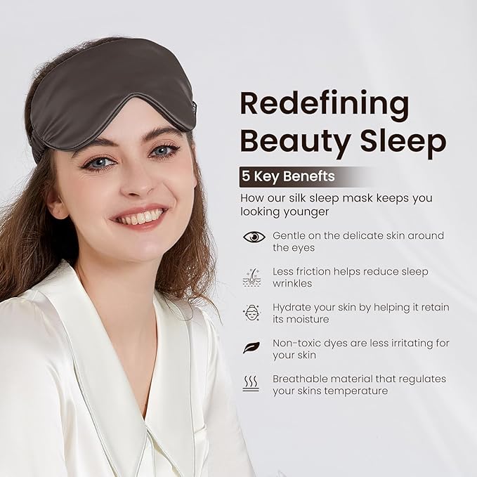 THXSILK Sleep Mask 100% 25 Momme Pure Mulberry Silk Super Smooth Cooling Sleep Eye Mask Blackout for Women/Man/Kids, Eye Cover with Wide Head Strap for Good Night Sleep, Charcoal