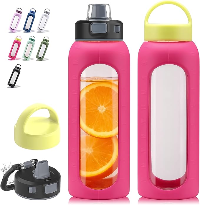 Kodrine Glass Water Bottle 32 oz-Rose Red/Borosilicate Glass Motivational Water Bottle with Straw and 2 Lids,Silicone Sleeve,Time Marker,Dishwasher Safe and BPA Free for Travel,Sports