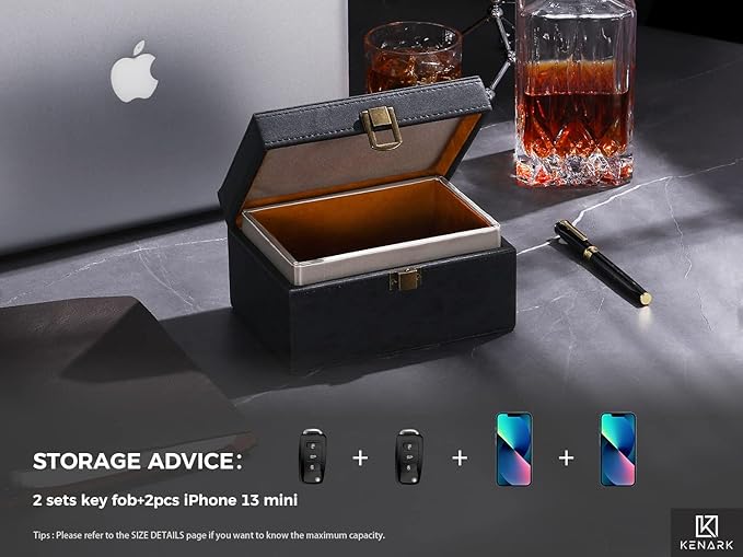 KK6M-BK Faraday Key Fob Protector Box, RFID Signal Blocking Shielding Box for Car Keys, Anti-Theft Vintage Faraday Cage with High-Grade Protein Leather, Black - Size: M