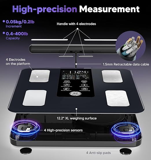 GE Smart Scale for Body Weight: 8-Electrode Digital Bathroom Scale for Weight Fat BMI Muscle Mass Full Body Composition Analyzer 50 Measurements Bluetooth Highly Accurate Weighing Machine 400lb Black