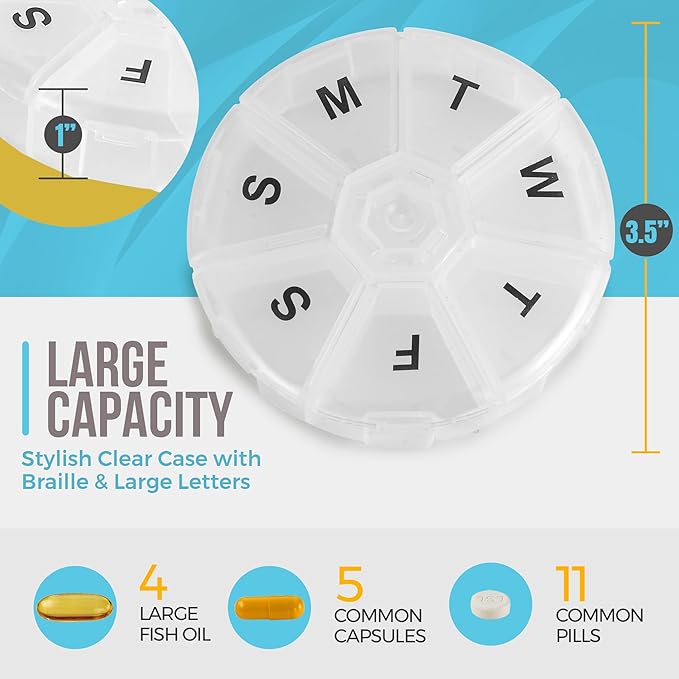 Large Weekly Pill Organizer - (Pack of 4) Daily Pill Cases, Round Pill Organizer 7 Day Container, Medicine Planner, Pill Reminder, BPA-Free for Pills Vitamins, Supplements, and Fish Oils