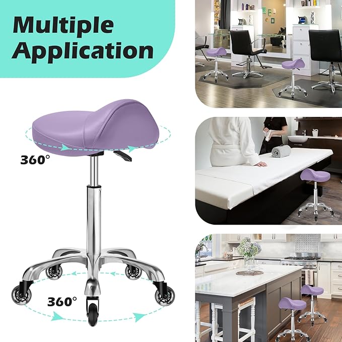 Saddle Stool with wheels Ergonomic - Heavy Duty 400lbs, Upgraded Thick Saddle Cushion, Healthy Posture Correction, Swivel Adjustable Rolling Saddle Stool, Saddle Chair for Salon Massage Home (Purple)