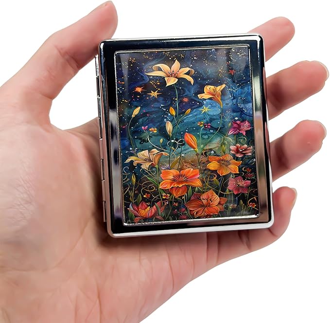 Cute Travel Pill Box Organizer with 8 Compartments - Compact and Fashionable Pill Case with Mirror - Ideal for Medications (Starry Flowers)