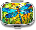 Blue Dragonfly Pill Box 2 Compartment Flora and Fauna Stained Glass Portable Medicine Pill Case Travel Pill Organizer for Pocket Purse