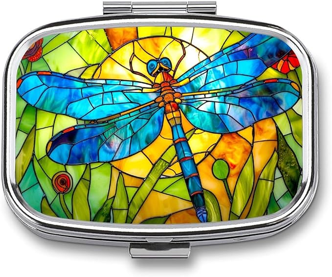 Blue Dragonfly Pill Box 2 Compartment Flora and Fauna Stained Glass Portable Medicine Pill Case Travel Pill Organizer for Pocket Purse