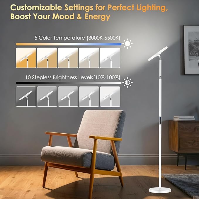 Sun Lamp for Happy 12000 Lux, Sunlight Lamp Full Spectrum, Sun Light lamp with 10 Brightness Levels 5 Color Modes, Adjustable Height, Remote & Timer for Reading, Office