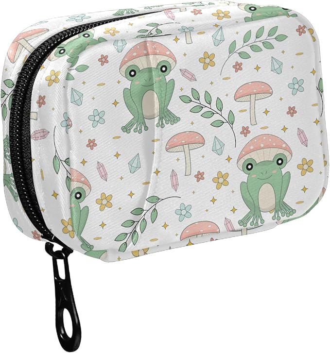 Fustylead Cute Frog and Mushrooms Flowers Twigs Stars Crystal Travel Pill Organizer Bag with Zipper Small Pill Box 7 Day Pill Case for Purse Storage Weekly Vitamin Medicine Supplement