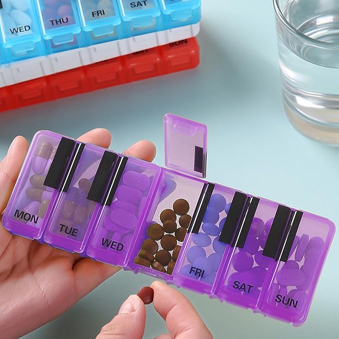 Pill Organizer 7 Day for Travel BPA Free Weekly Pill Organizer Piano-Keyboard Pill Box,Vitamin Organizer (Purple)