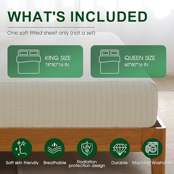 Ivellow Grounding Sheets King 10% Pure Silver Fiber 90% Organic Cotton Sheets King Size 16” Deep Pocket Soft Breathable Grounded Sheet Earth Connected Bedding Beige Fitted Sheet with Grounding Cord