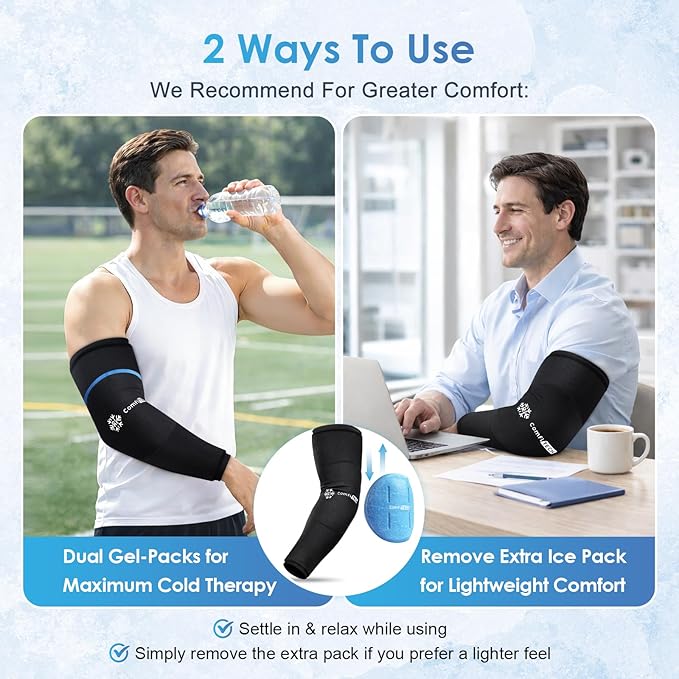 ComfiTECH Dual-Gel Full Arm Ice Pack Wrap with Extended 30-Min Cooling for Elbow, Detachable Cold Pack & Flexible Gel Ice Sleeve for Volleyball, Tennis Recovery, Muscle Relaxation, Medium, 2 Packs