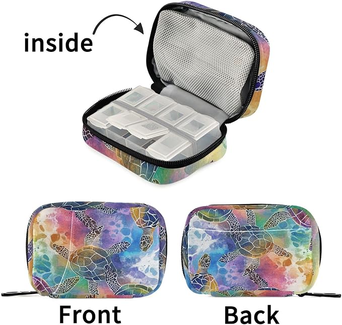 Colorful Watercolor Sea Turtles Cute Pill Organizer Weekly Travel Pill Box 7 Day Large Capacity Pill Dispenser Case with 8 Pill Container Daily Pill Box Organizer Vitamin Holder Pill Bottle Or