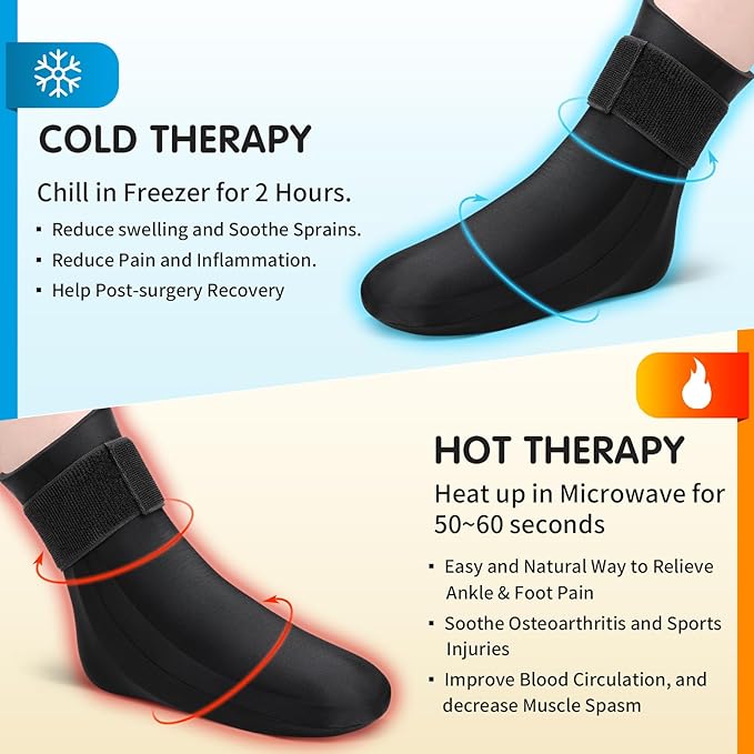 Tolaccea Ankle Foot Ice Pack Wrap for Injuries, Reusable Gel Cold Therapy Sock with Hot & Cold Therapy, Instant Pain Relief for Achilles Tendonitis, Plantar Fasciitis, Foot Heel (Medium (Pack of 2))