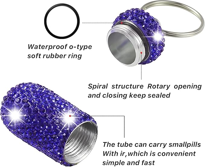 GOUWEIBA 2 Pieces Bling Pill Container Portable Pill Bottle Case Waterproof Travel Medicine Box Crystal Diamond Mini Pill Holder Storage with Keychain for Outdoor Camping Traveling (Yellow, Purple)