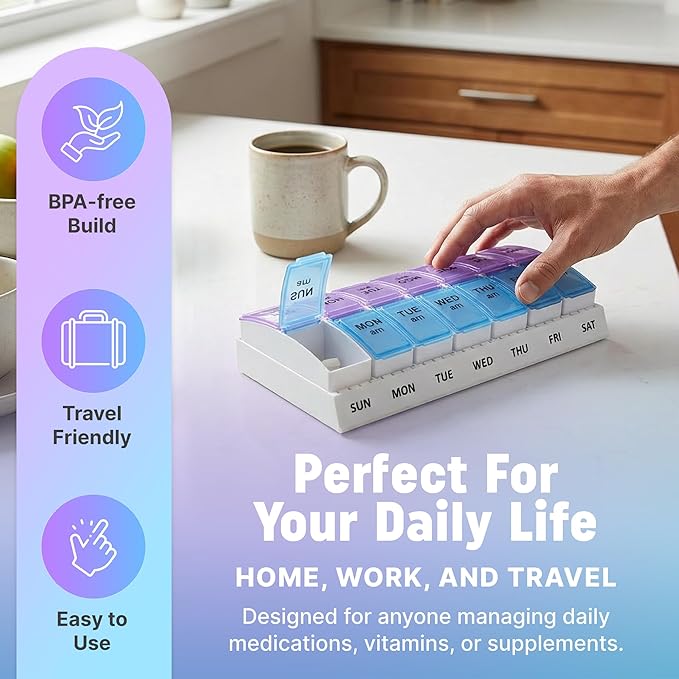 Weekly AM/PM Pill Organizer - 7 Day Medicine Planner with Large Pop-Out Daily Compartments, Easy Open 2-Times-a-Day Pill Case for Travel that Holds Big Size Vitamins & Supplements, Blue and Purple