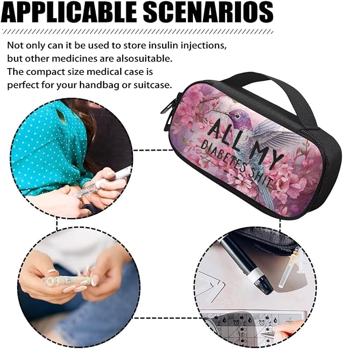 Rnyleeg Pink Diabetic Bags for Women Floral Hummingbird Insulin Cooler Travel Case Large Capacity Insulin Bags for Traveling All My Diabetes Shit