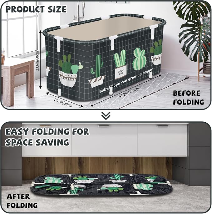Portable Foldable Bathtub,Foldable Soaking Bathtub for Adults, Freestanding Bathtubs, Hot Bath Tub, Ice Bath, Family Bathroom SPA Tub 47.2x19.7x21.7inch (Cactus)