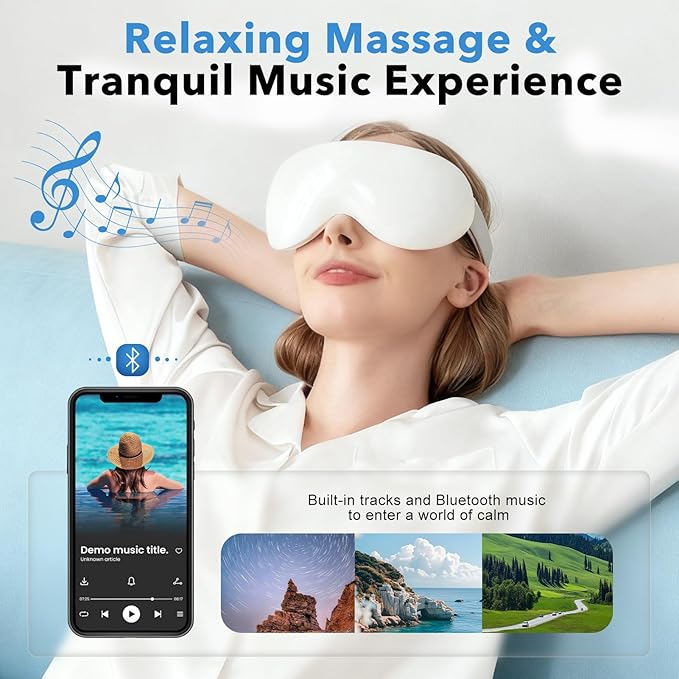 Eye Massager with Heat and Cooling for Migraines – 14 Massage Nodes for Eye Strain Relief, Rechargeable Bluetooth Music, Improve Sleep,Eye Strain Relief, Birthday Gifts for Women and Men(White)