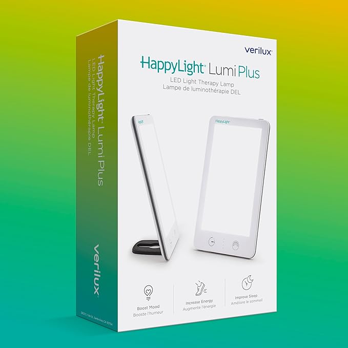 Verilux HappyLight Lumi Plus - Light Therapy Lamp with 10,000 Lux, UV-Free, LED Bright White Light with Adjustable Brightness, Countdown Timer, & Detachable Stand - Boost Mood, Sleep, and Focus