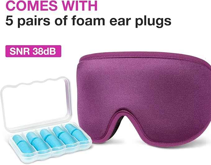 LYSIAN Sleeping Mask for Women, 3D Contoured Block Out Blindfold Travel Eye Mask with Earlugs for Plane,Meditation,Yoga(Purple)