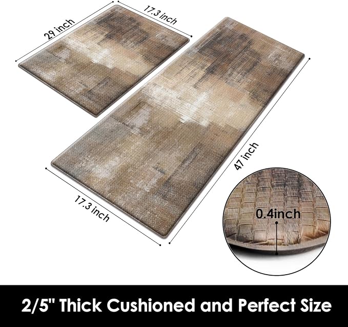 Anti-Fatigue Brown Grey Kitchen Rug Set of 2 Cushioned Abstract Rug for Floor, Art Standing Mat Waterproof Non-Slip Mat PVC Ergonomic Comfort Foam Kitchen Decor