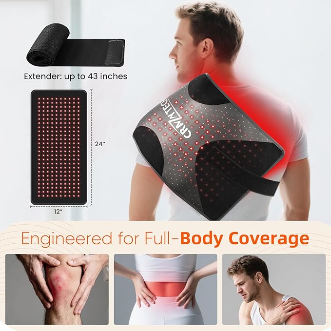 CRAZYTECH Red Light Therapy Pad for Body, 24"x12" Large 48W High Power Infrared Heating Blanket with 240 LEDs, Near Infrared Mat Wrap for Back Shoulder Knee & Dogs, 5 Levels 3 Modes
