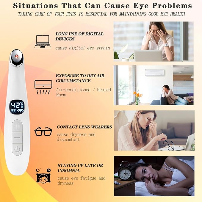 3 in 1 Eye Lift Wand, Vibrating 98°F to 113°F LCD Display Screen Massager for Dry Eyes, Dark Circles, Puffiness, Fine Lines and Wrinkles, Cream White