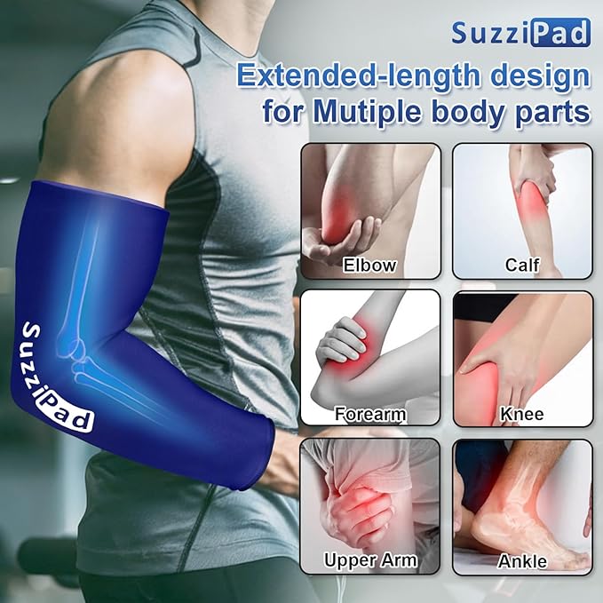 Suzzipad 2 Pack Extended-Length Elbow Ice Pack for Pitchers, Flexible Arm ice Pack Sleeve, 360° Reusable Gel Wrap for Upper Arm, Wrist, Shin Splint, Tendonitis and Golfers Relief, Blue, Medium