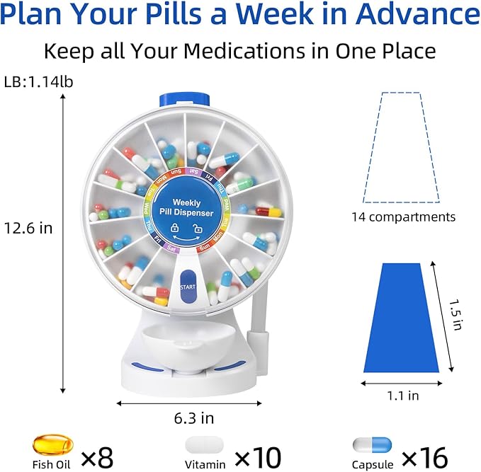 Weekly Pill Dispenser, 14 Compartment Large Pill Organizer with One-Press Button, Wall Mount or Countertop Pill Dispenser with Cup, Easy Vitamin & Medication Organizer for Elderly (Blue)