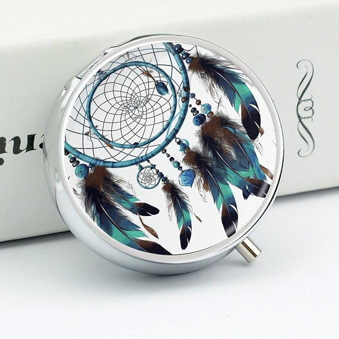 Native American Dream Catcher Pill Box Travel Pill Case for Purse Pocket Weekly Medicine Organizer with Mirror 3 Compartment Round Medicine Case Portable PillcaseHolder for Daily