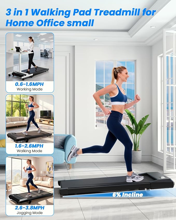 DeerRun Under Desk Walking Pad Treadmill with 6% Manual Incline, 0.6-3.8 MPH Walking Speed, 2.5 HP, 300 lb Capacity, App & Remote Control, for Home Office & Small Spaces