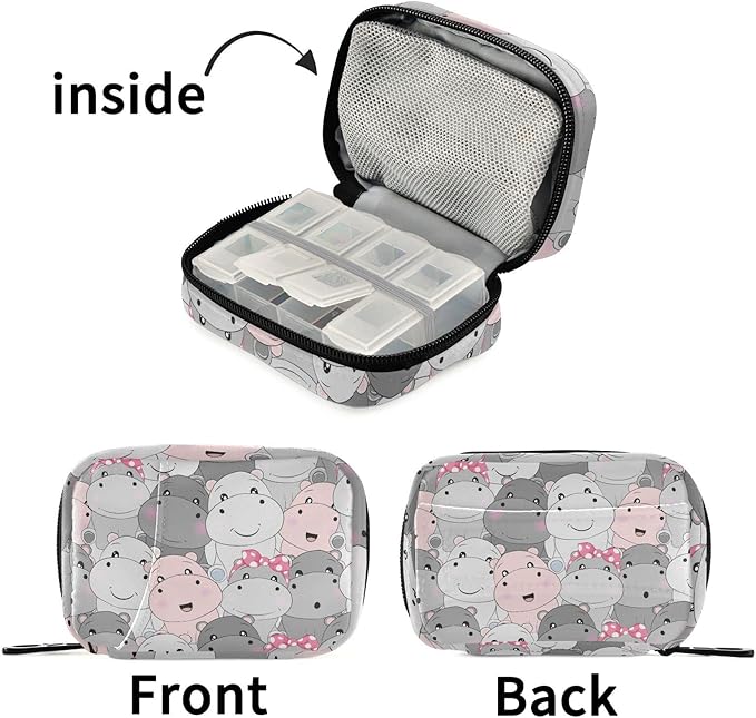 Pill Box Hippo Cartoon 7 Day Pill Case Travel Pill Organizer Bag with Zipper Portable Weekly Vitamin Medicine Supplement Holder Pouch Bag