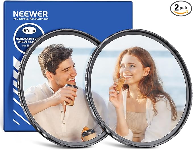 NEEWER 67mm 1/4 & 1/8 Black Diffusion Camera Lens Filter 2 Pack Set, Dreamy Cinematic Effect Filter Multicoated Glass Storage Case Cleaning Cloth, for Portrait Photography Video