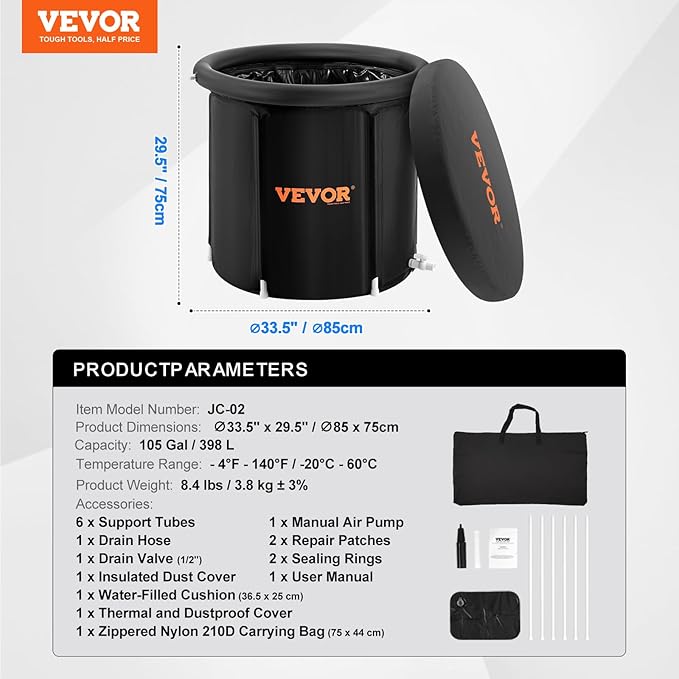 VEVOR Ice Bath Tub XL, Cold Water Therapy Plunge Tub for Athletes, Portable Outdoor Ice Barrel Plunge Pool for Recovery (Black, 105 Gal)