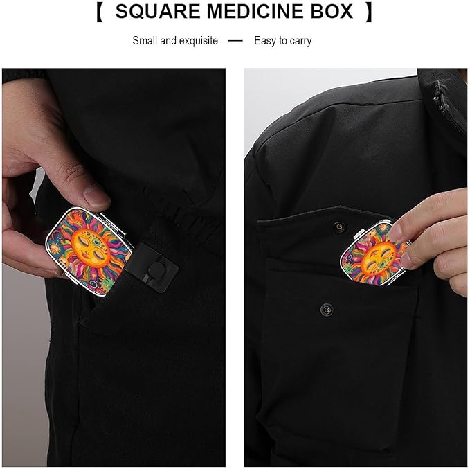 Metal 2 Compartment Pill Organizer Travel Friendly Portable Compact Pill Box Cute Pill Case,for Pocket Wallets Daily Portable Medicine Vitamin Tablet Storage (The Peculiar Sun)