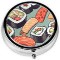 Pill Box 3 Compartment Medicine Pill Organizer Sushi Round Pill Case for Purse & Pocket Travel Pillbox Portable Metal Medicine Vitamin Fish Oil Organizer Unique Gift