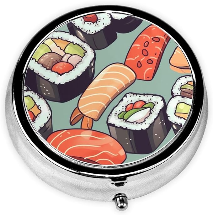 Pill Box 3 Compartment Medicine Pill Organizer Sushi Round Pill Case for Purse & Pocket Travel Pillbox Portable Metal Medicine Vitamin Fish Oil Organizer Unique Gift
